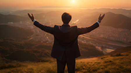 Businessman raising hands at mountaintop with background of city during sunset. Success, victory, winner, achievement, leadership concept.の素材