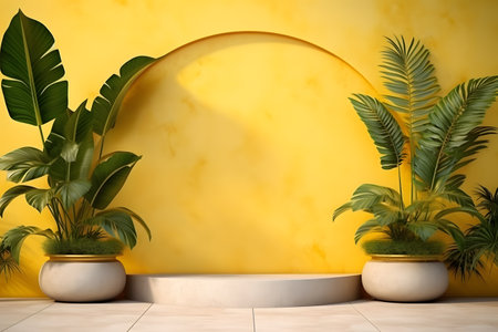 Empty concrete podium, green plants and leaves. Stage showcase for cosmetic products and skin care product presentation.の素材