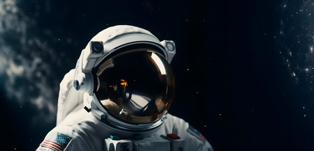 Head shot of a spaceman or astronaut with background of spaceの素材