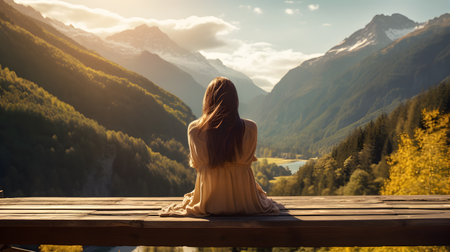 Back view of a hipster girl sitting, with background of beautiful mountains sceneの素材