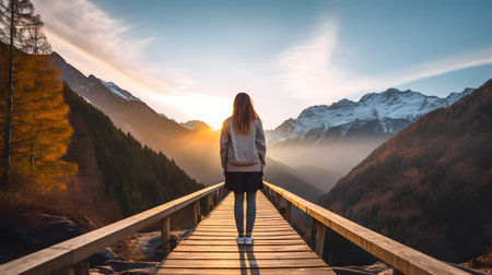 Back view of a hipster girl on the wooden bridge with background of beautiful mountains sceneの素材