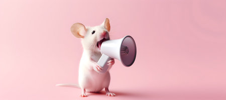 White mouse announcing using hand speaker. Notifying, warning, announcement.の素材