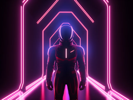 Portrait of a futuristic astronaut or spaceman with neon light.の素材