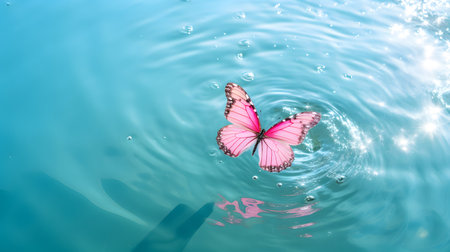 Pink colored butterfly on the surface of water. Concept of butterfly effect.の素材