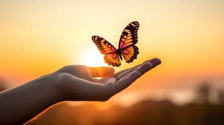 Butterfly on the hand of a woman during beautiful sunsetの素材