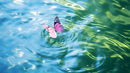 Pink colored butterfly on the surface of water. Concept of butterfly effect.の素材