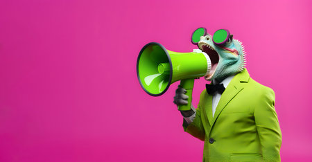 Fashionable chameleon announcing using megaphone. Notifying, warning, announcement.の素材
