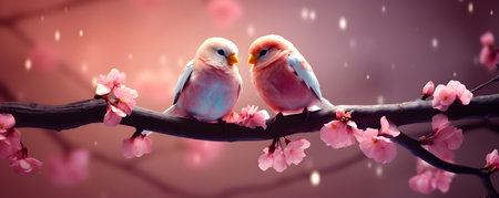 Two small birds resting on the branch in a gardenの素材
