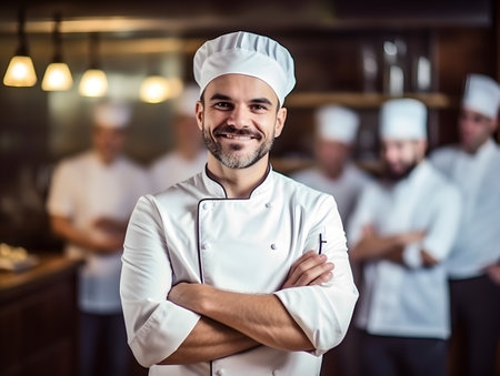 Portrait of a handsome male chef with defocused other teammates in restaurantの素材