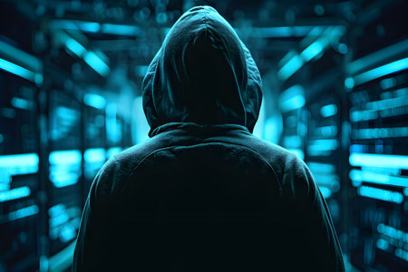 Back view of anonymous hacker with hoodie. Concept of hacking cybersecurity, cybercrime, cyberattack, dark web, etc.の素材