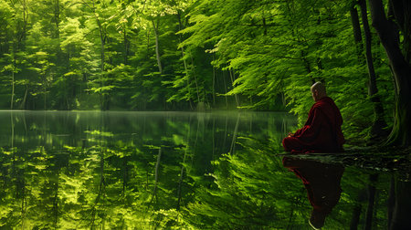 A Buddhist monk in meditation beside a lake in the jungleの素材