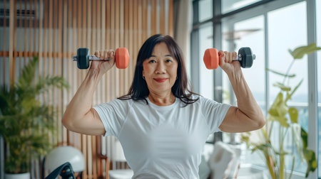 A senior Asian woman doing exercise with dumbbell at homeの素材