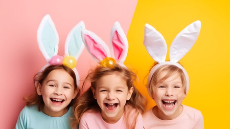 Happy children in bunny ears celebrating easter festivalの素材
