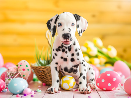 Cute dalmatian puppy and colorful painted easter eggs. Concept and idea of happy easter day.の素材