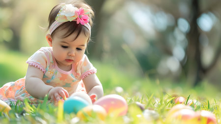 Happy baby girl and colorful easter eggs on the grassの素材
