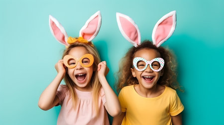 Two joyful girls in bunny ears celebrating easter festivalの素材
