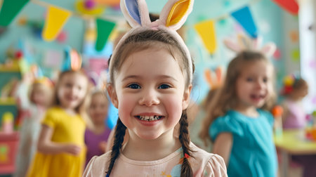 Happy girl in bunny ears celebrating easter festivalの素材