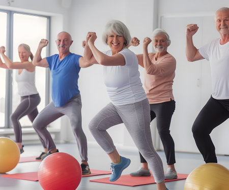 Caucasian senior people doing exercise at a gymの素材