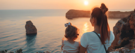 Back view of a mother and her daughter at sunset beach. Concept of happy mother day, motherhood, parent love.の素材