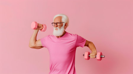 A senior Caucasian man doing exercise with dumbbellの素材