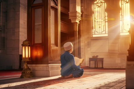Religious Muslim little boy reading Koran Bible book in the mosqueの素材