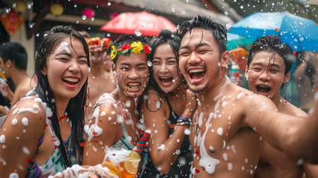 Happy friends group in the Songkran festival at Thailandの素材