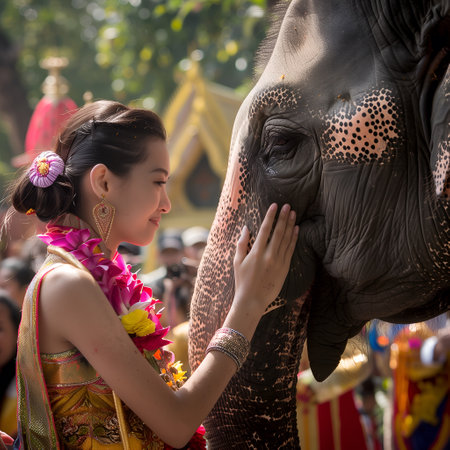 Beautiful girl with traditional costume and elephant in the Songkran festival at Thailandの素材