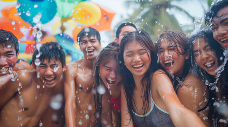 Happy friends group in the Songkran festival at Thailandの素材