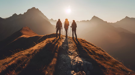 Group of sporty people hiking in mountainsの素材