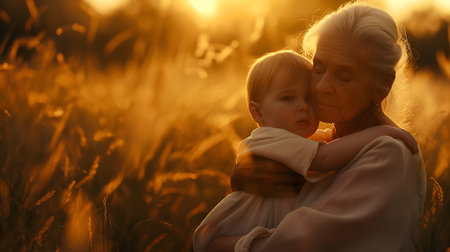 Grandmother and her grandchild at beautiful sunsetの素材