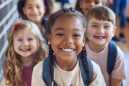 Group of multiethnic schoolchildren with smile at schoolの素材