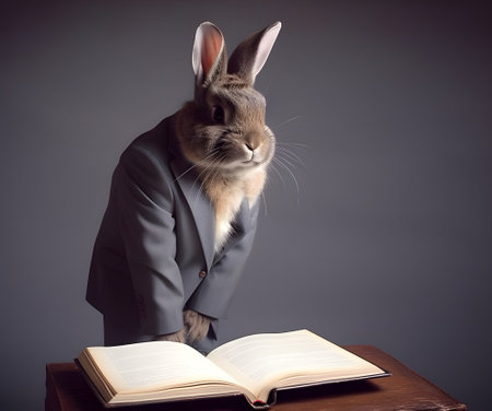 Human like rabbit with suit coat and book. Studio lightの素材