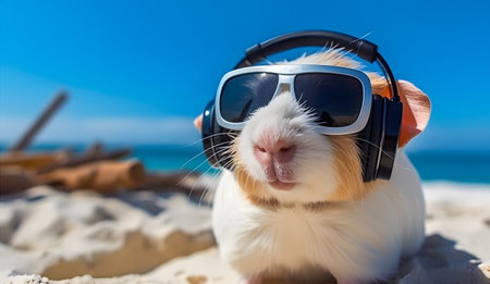 Cute guinea pig with sunglasses and earphoneの素材