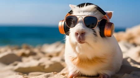 Cute guinea pig with sunglasses and earphoneの素材