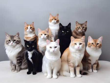 Different types and sizes of pet cats group in studio.の素材