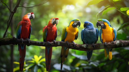 Macaw parrot birds on the branch of tree in the jungleの素材