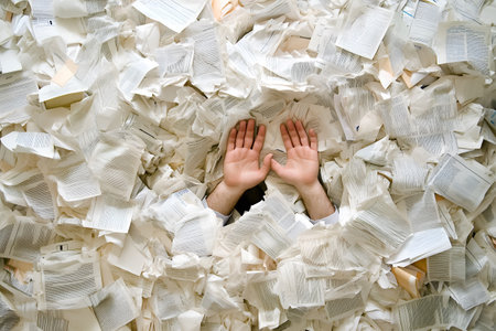Hands of a businessman emerge desperately from a pile of paperwork, symbolizing the overwhelming burden of overwork and excessive responsibilities.の素材