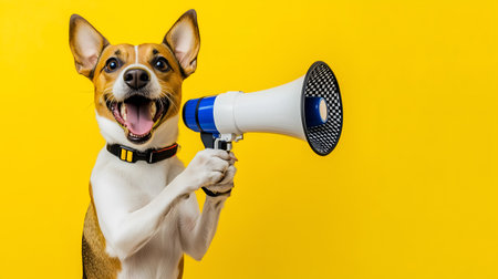 A happy dog holds a megaphone, giving the appearance of making an announcement against a bright turquoise background.の素材