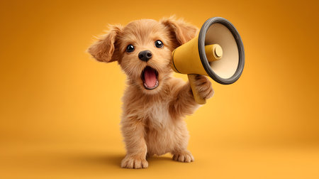 A puppy excitedly speaks into a large megaphone against a vibrant gradient background.の素材