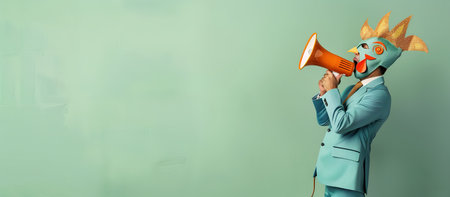 A man wearing a rooster mask and a blue suit, holding a loudspeakerの素材