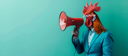 A man wearing a rooster mask and a blue suit, holding a loudspeakerの素材