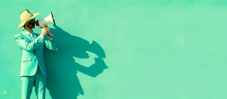 A man wearing a rooster mask and a blue suit, holding a loudspeakerの素材