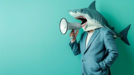 A man wearing a shark mask and a blue suit, holding a loudspeakerの素材