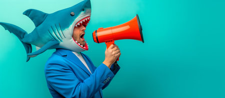 A man wearing a shark mask and a blue suit, holding a loudspeakerの素材
