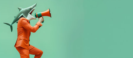 A man wearing a shark mask and a orange suit, holding a loudspeakerの素材