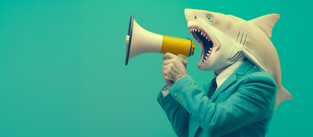 A man wearing a shark mask and a green suit, holding a loudspeakerの素材