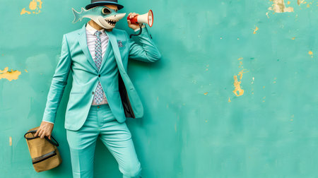 A man wearing a shark mask and a green suit, holding a loudspeakerの素材