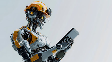 A humanoid robot in a safety helmet holds a tablet, symbolizing advanced robotics in construction.の素材