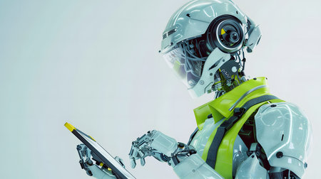 A humanoid robot in a safety helmet holds a tablet, symbolizing advanced robotics in construction.の素材
