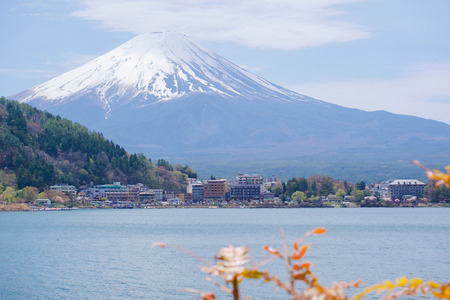 Mount Fuji from lake Kawaguchiko in spring.